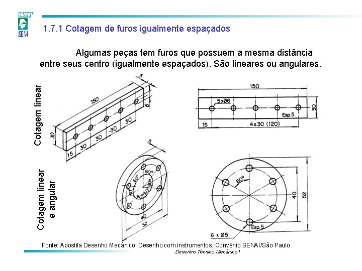 1. 7. 1 Cotagem de furos igualmente espaçados Cotagem linear e angular Cotagem linear 1. 7. 1 Cotagem de furos igualmente espaçados Cotagem linear e angular Cotagem linear