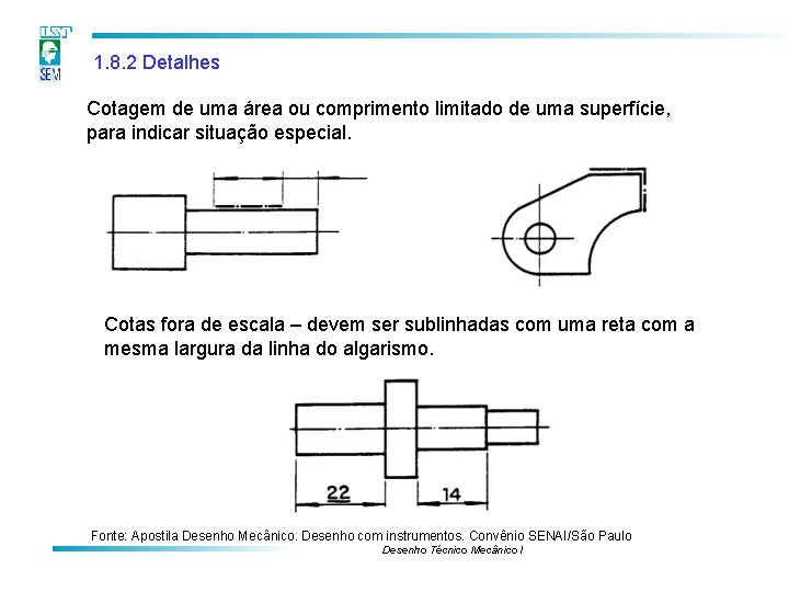 1. 8. 2 Detalhes Cotagem de uma área ou comprimento limitado de uma superfície, 1. 8. 2 Detalhes Cotagem de uma área ou comprimento limitado de uma superfície,