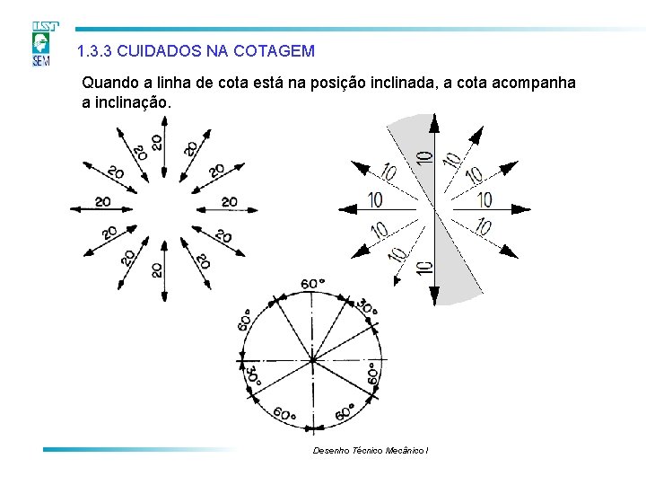 1. 3. 3 CUIDADOS NA COTAGEM Quando a linha de cota está na posição 1. 3. 3 CUIDADOS NA COTAGEM Quando a linha de cota está na posição