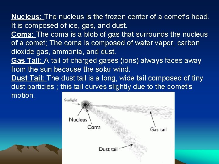 Nucleus: The nucleus is the frozen center of a comet’s head. It is composed