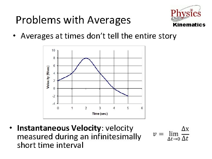 Problems with Averages Kinematics • Averages at times don’t tell the entire story •