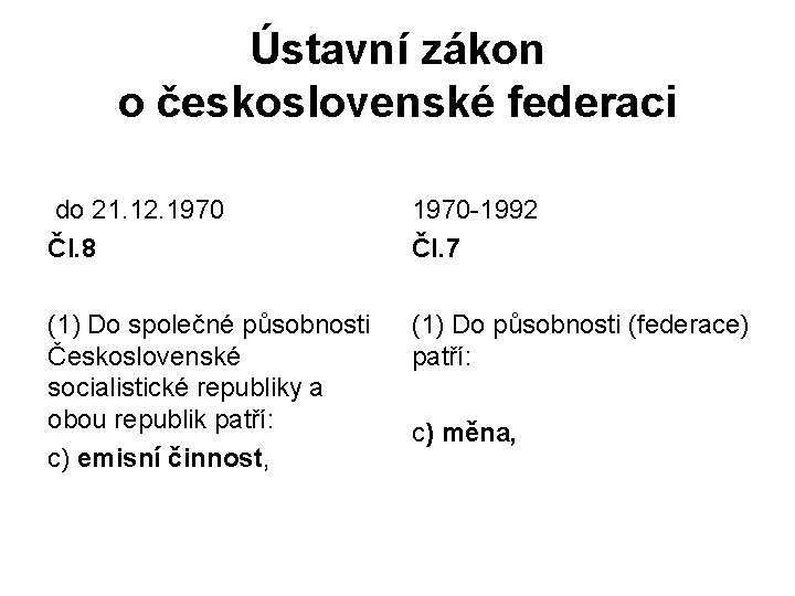 Ústavní zákon o československé federaci do 21. 12. 1970 Čl. 8 1970 -1992 Čl.