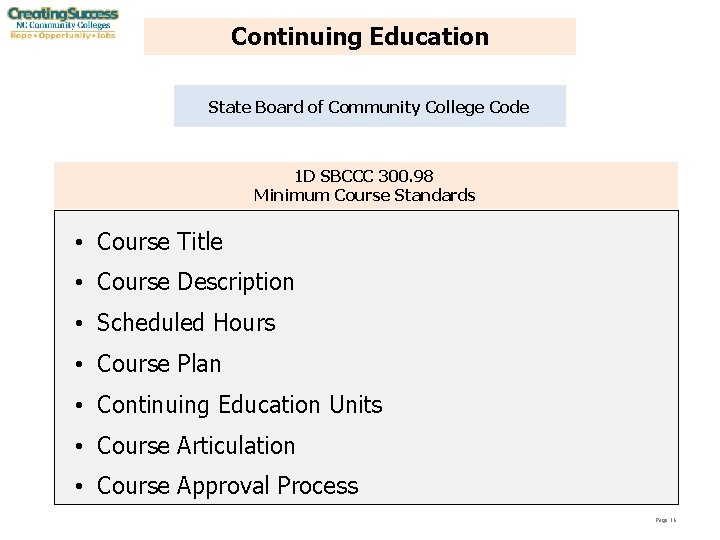 Continuing Education State Board of Community College Code 1 D SBCCC 300. 98 Minimum