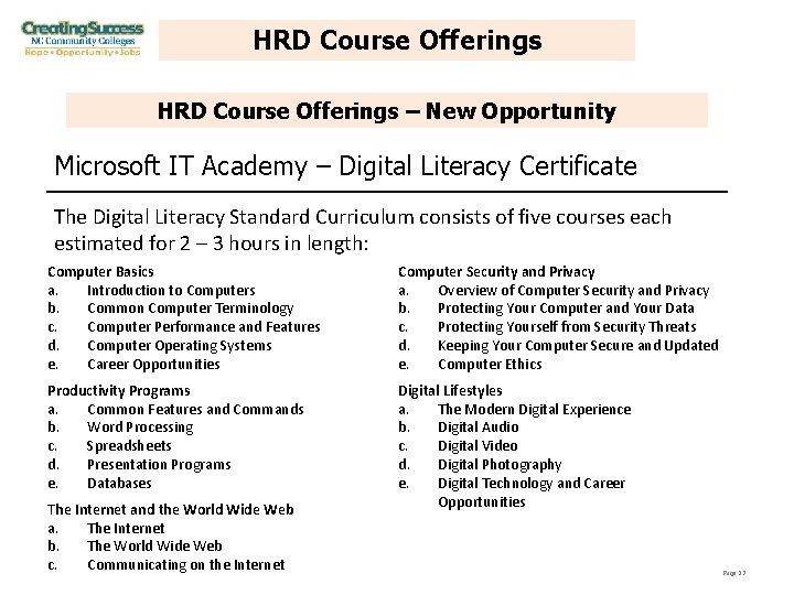 HRD Course Offerings – New Opportunity Microsoft IT Academy – Digital Literacy Certificate The