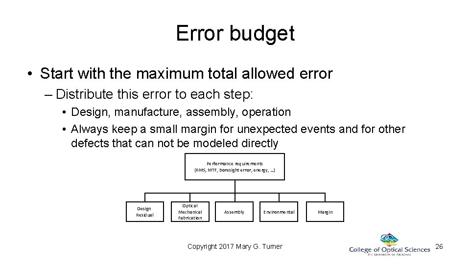 Error budget • Start with the maximum total allowed error – Distribute this error Error budget • Start with the maximum total allowed error – Distribute this error