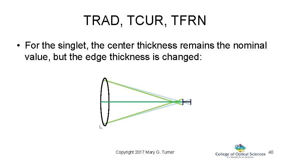 TRAD, TCUR, TFRN • For the singlet, the center thickness remains the nominal value, TRAD, TCUR, TFRN • For the singlet, the center thickness remains the nominal value,