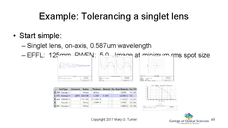 Example: Tolerancing a singlet lens • Start simple: – Singlet lens, on-axis, 0. 587 Example: Tolerancing a singlet lens • Start simple: – Singlet lens, on-axis, 0. 587