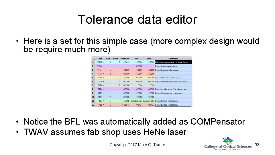 Tolerance data editor • Here is a set for this simple case (more complex Tolerance data editor • Here is a set for this simple case (more complex