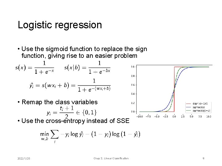 Logistic regression • Use the sigmoid function to replace the sign function, giving rise