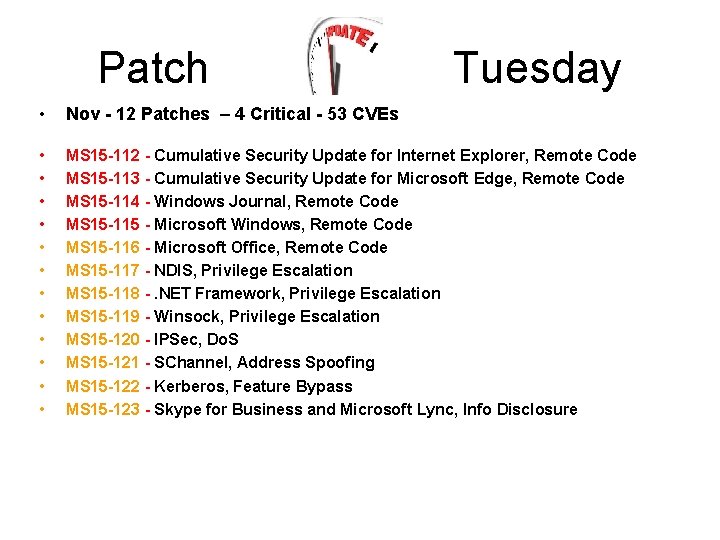Patch Tuesday • Nov - 12 Patches – 4 Critical - 53 CVEs •