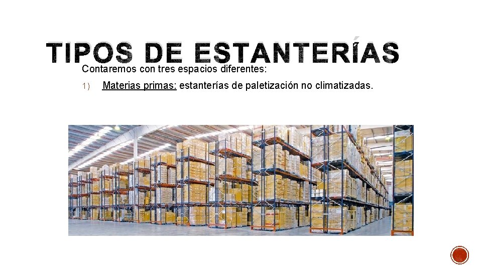 TIPOS DE ESTANTERÍAS Contaremos con tres espacios diferentes: 1) Materias primas: estanterías de paletización