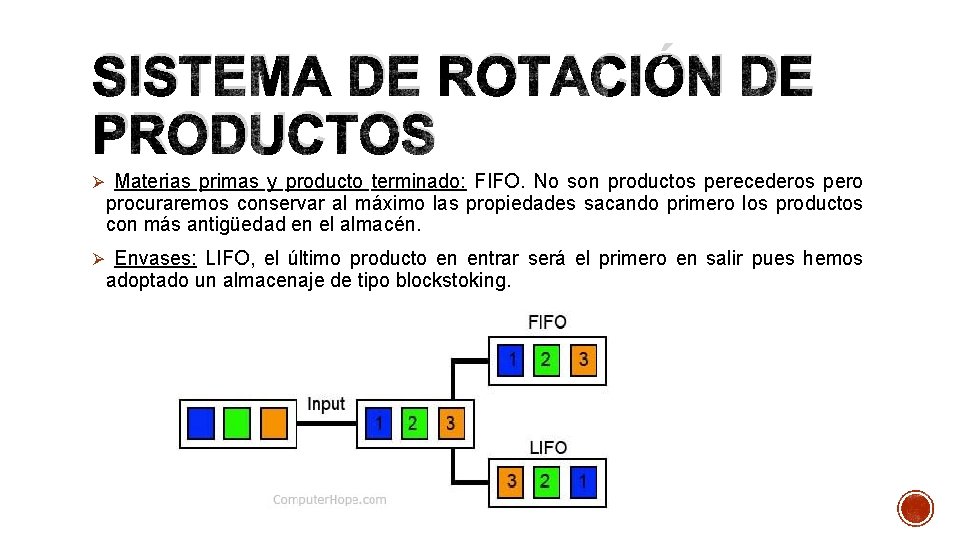 SISTEMA DE ROTACIÓN DE PRODUCTOS Ø Materias primas y producto terminado: FIFO. No son