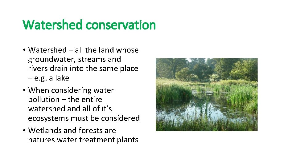 Watershed conservation • Watershed – all the land whose groundwater, streams and rivers drain