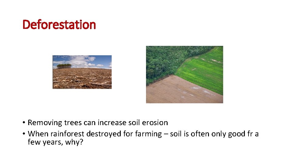 Deforestation • Removing trees can increase soil erosion • When rainforest destroyed for farming