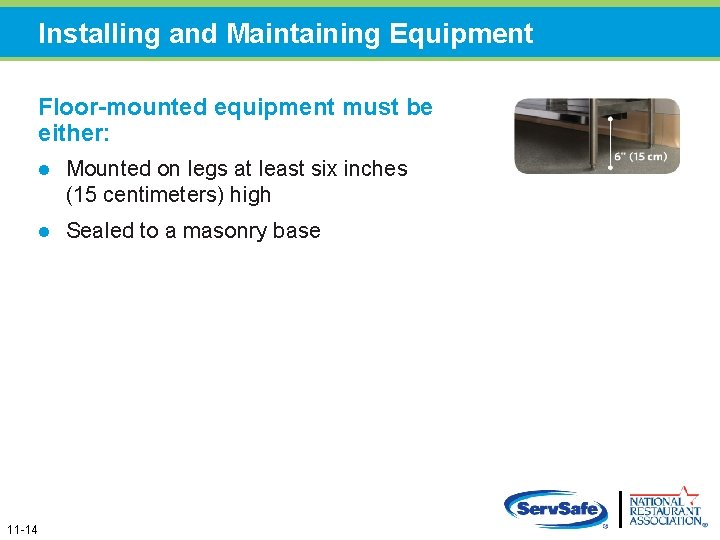 Installing and Maintaining Equipment Floor-mounted equipment must be either: 11 -14 l Mounted on Installing and Maintaining Equipment Floor-mounted equipment must be either: 11 -14 l Mounted on