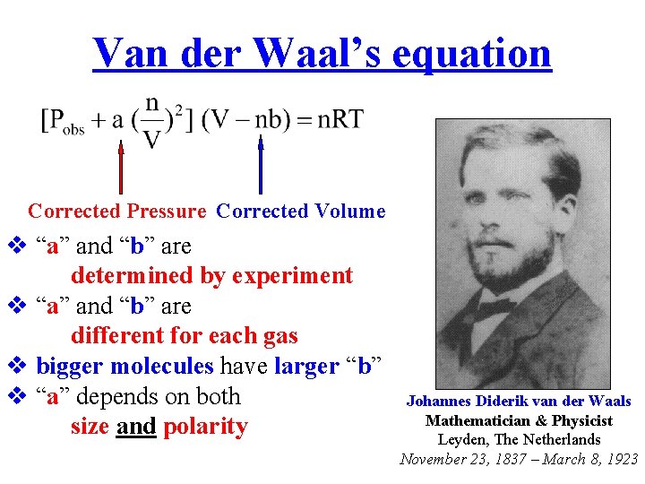 Van der Waal’s equation Corrected Pressure Corrected Volume “a” and “b” are determined by