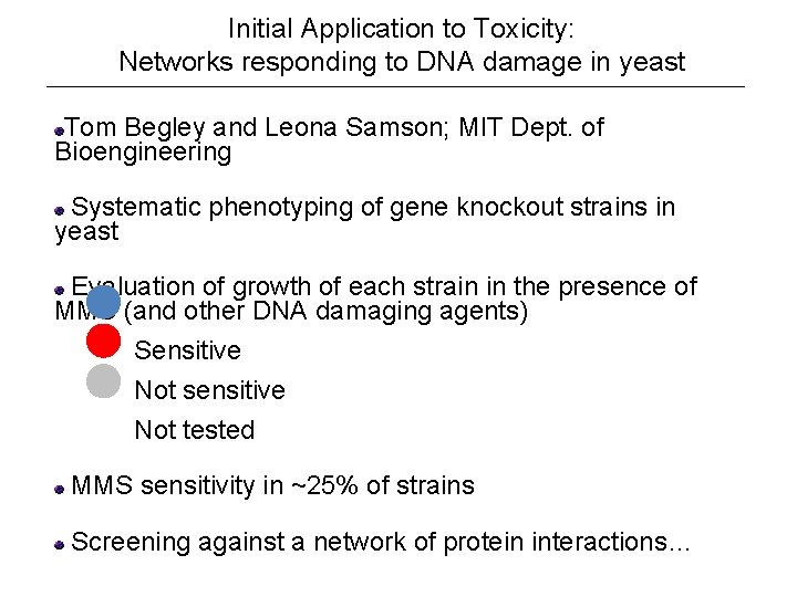 Initial Application to Toxicity: Networks responding to DNA damage in yeast Tom Begley and