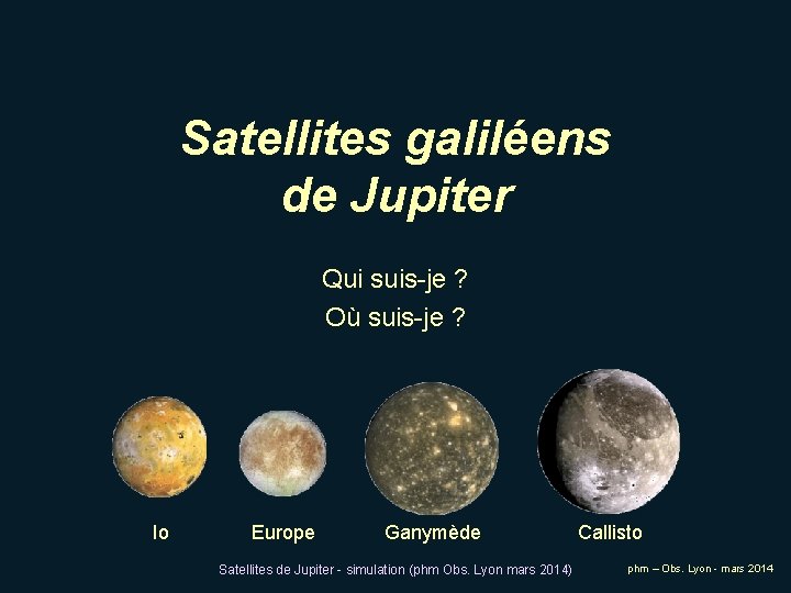 Satellites galiléens de Jupiter Qui suis-je ? Où suis-je ? Io Europe Ganymède Satellites