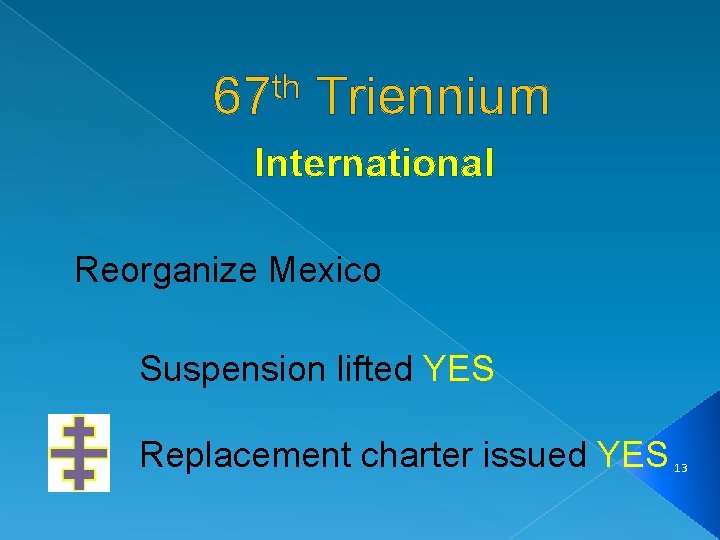 th 67 Triennium International Reorganize Mexico Suspension lifted YES Replacement charter issued YES 13