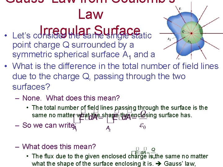 Gauss’ Law from Coulomb’s Law Irregular Surface • Let’s consider the same single static