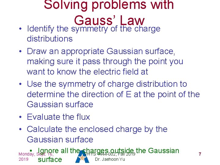  • • • Solving problems with Gauss’ Law Identify the symmetry of the