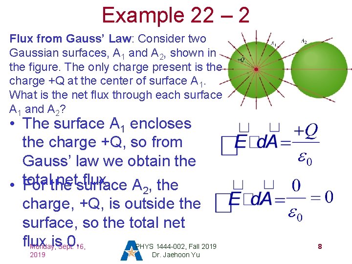 Example 22 – 2 Flux from Gauss’ Law: Consider two Gaussian surfaces, A 1