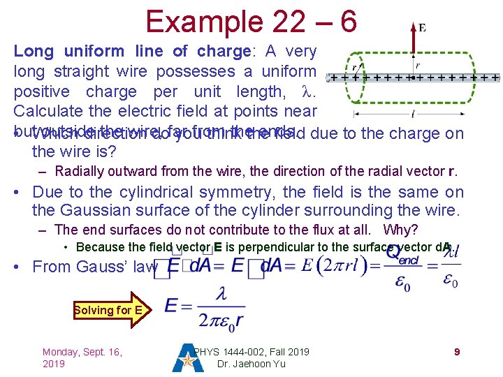 Example 22 – 6 Long uniform line of charge: A very long straight wire