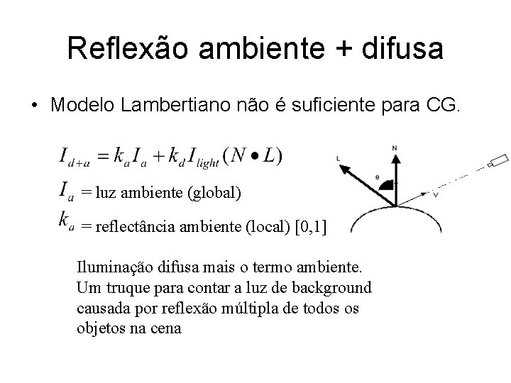 Reflexão ambiente + difusa • Modelo Lambertiano não é suficiente para CG. = luz