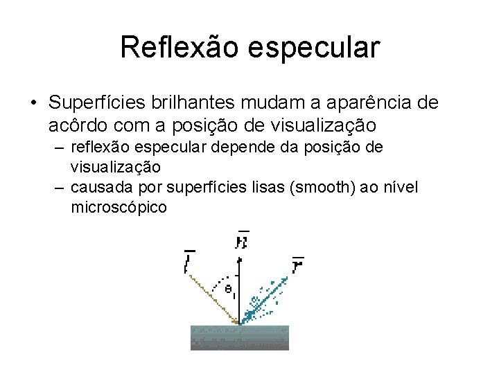 Reflexão especular • Superfícies brilhantes mudam a aparência de acôrdo com a posição de