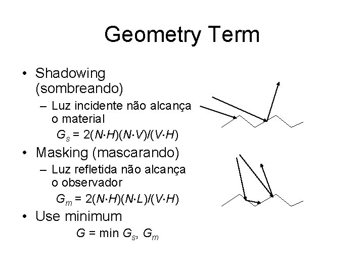 Geometry Term • Shadowing (sombreando) – Luz incidente não alcança o material Gs =