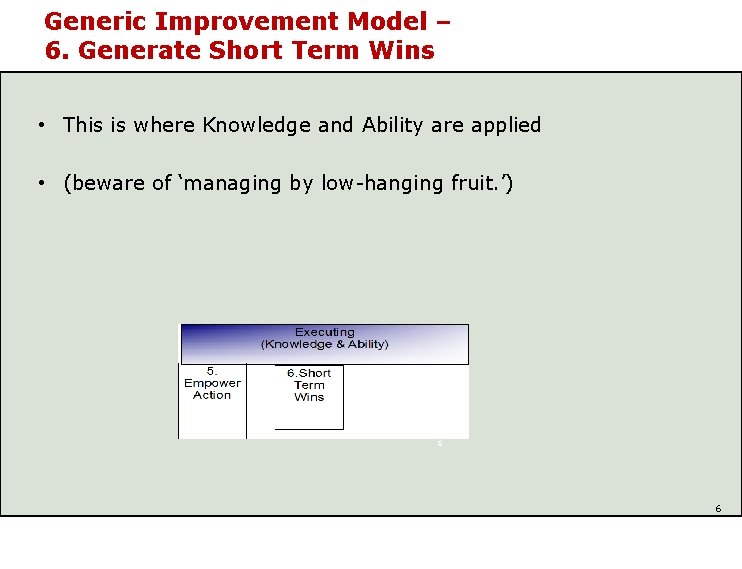 Generic Improvement Model – 6. Generate Short Term Wins • This is where Knowledge