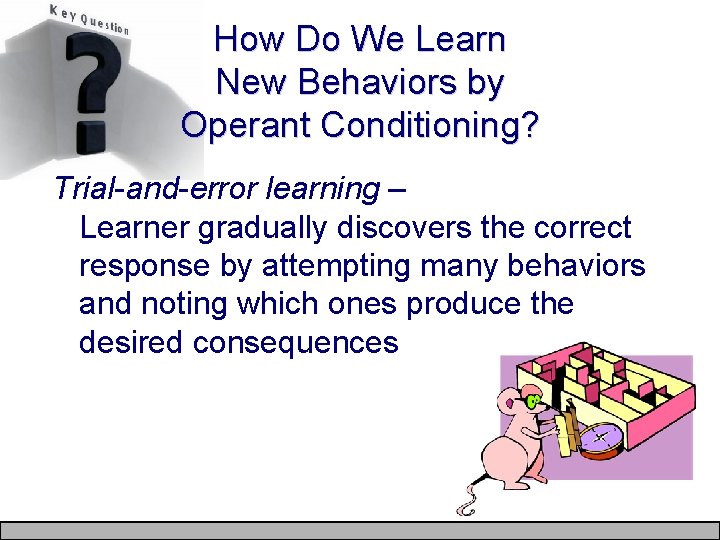 How Do We Learn New Behaviors by Operant Conditioning? Trial-and-error learning – Learner gradually