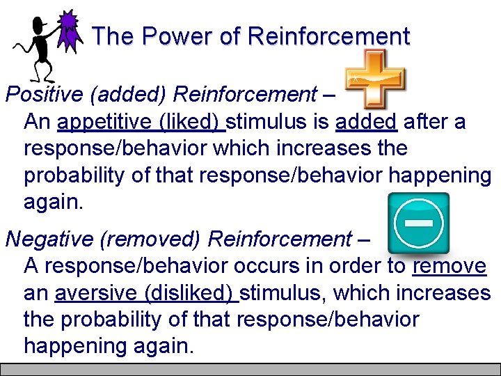 The Power of Reinforcement Positive (added) Reinforcement – An appetitive (liked) stimulus is added