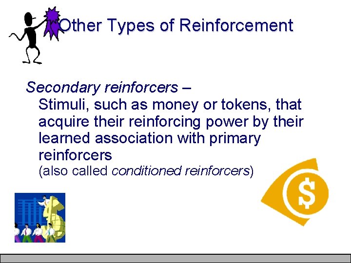 Other Types of Reinforcement Secondary reinforcers – Stimuli, such as money or tokens, that