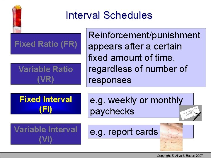 Interval Schedules Variable Ratio (VR) Reinforcement/punishment appears after a certain fixed amount of time,