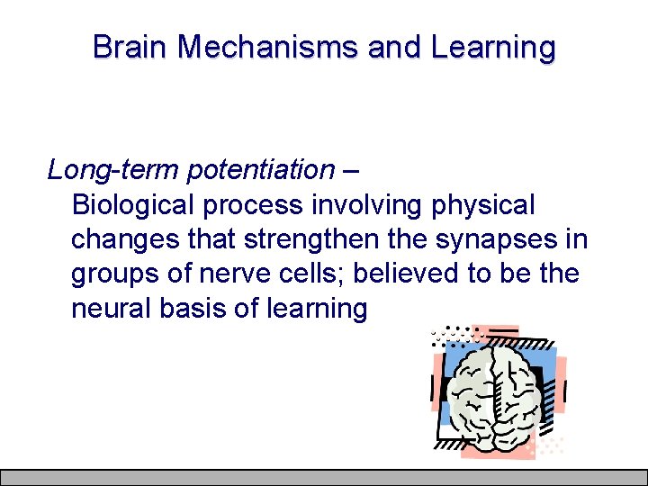 Brain Mechanisms and Learning Long-term potentiation – Biological process involving physical changes that strengthen