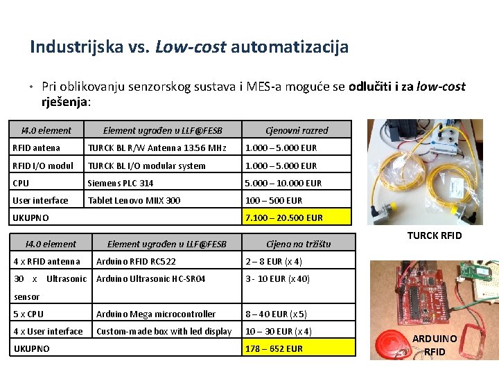 Industrijska vs. Low-cost automatizacija • Pri oblikovanju senzorskog sustava i MES-a moguće se odlučiti