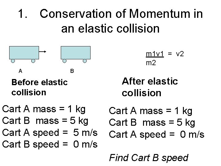 1. Conservation of Momentum in an elastic collision m 1 v 1 = v