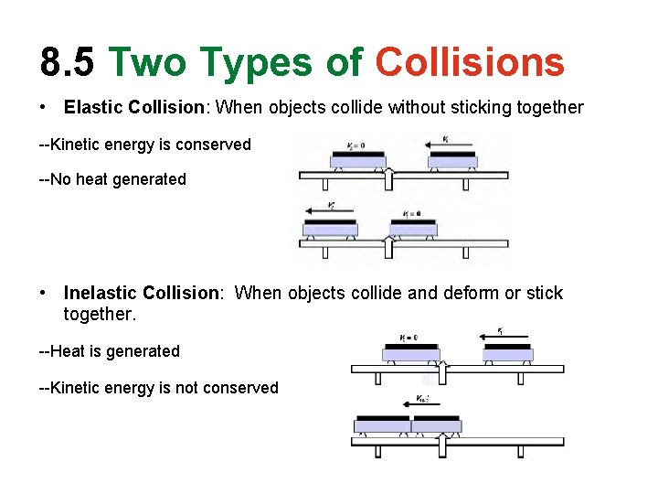 8. 5 Two Types of Collisions • Elastic Collision: When objects collide without sticking