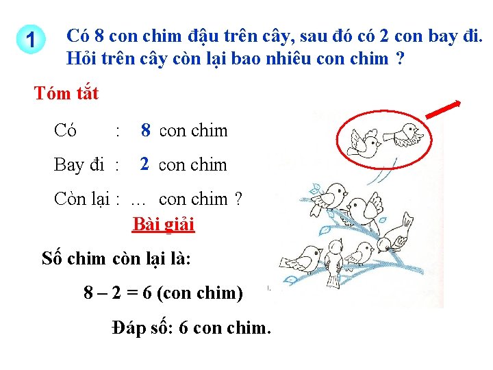 1 Có 8 con chim đậu trên cây, sau đó có 2 con bay