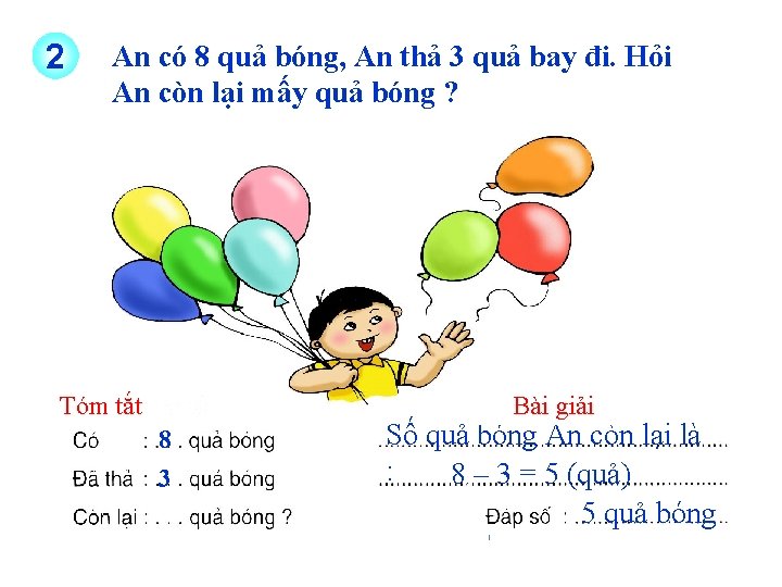 2 An có 8 quả bóng, An thả 3 quả bay đi. Hỏi An