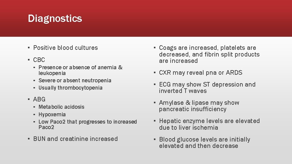 Diagnostics ▪ Positive blood cultures ▪ CBC ▪ Presence or absence of anemia & Diagnostics ▪ Positive blood cultures ▪ CBC ▪ Presence or absence of anemia &