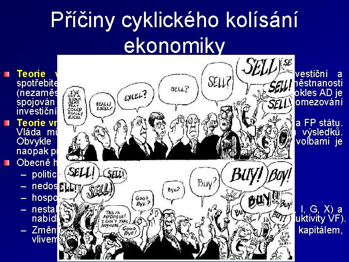 Příčiny cyklického kolísání ekonomiky Teorie vnitřních příčin - výkyvy způsobuje kolísání investiční a spotřebitelské