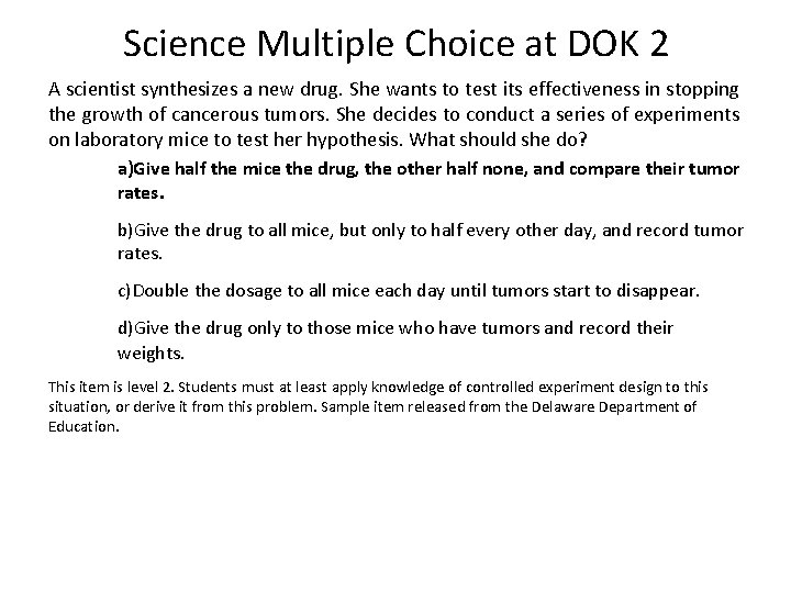 Science Multiple Choice at DOK 2 A scientist synthesizes a new drug. She wants