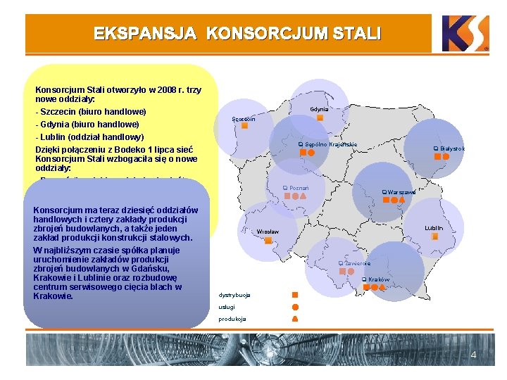 EKSPANSJA KONSORCJUM STALI Konsorcjum Stali otworzyło w 2008 r. trzy nowe oddziały: - Szczecin