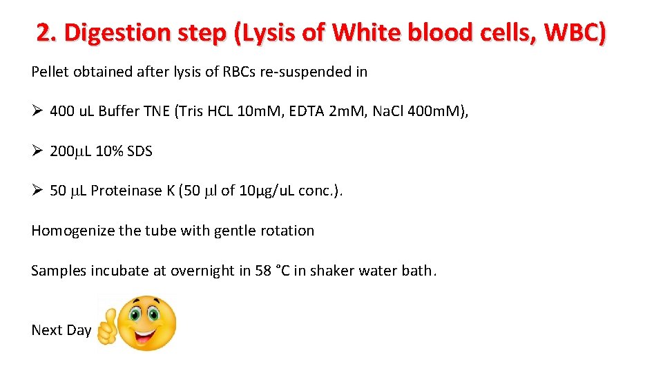 2. Digestion step (Lysis of White blood cells, WBC) Pellet obtained after lysis of