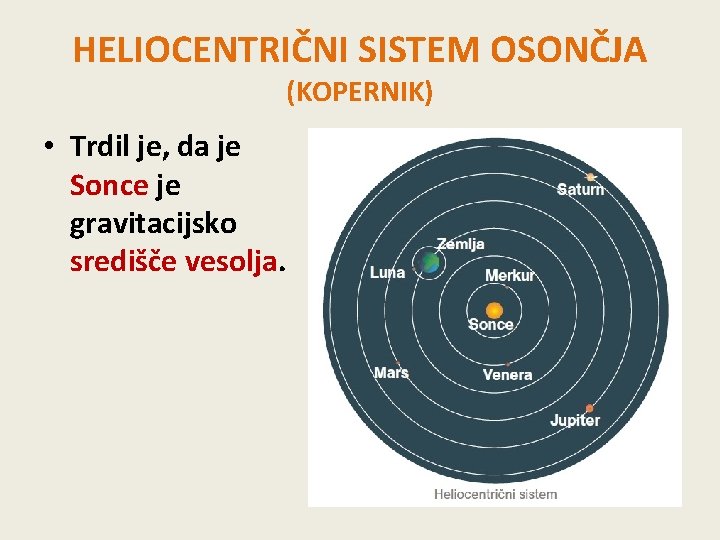 HELIOCENTRIČNI SISTEM OSONČJA (KOPERNIK) • Trdil je, da je Sonce je gravitacijsko središče vesolja.