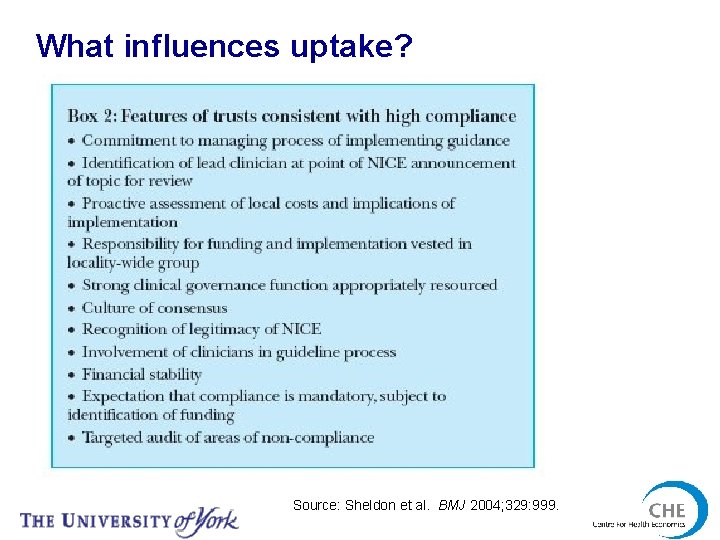 What influences uptake? Source: Sheldon et al. BMJ 2004; 329: 999. 
