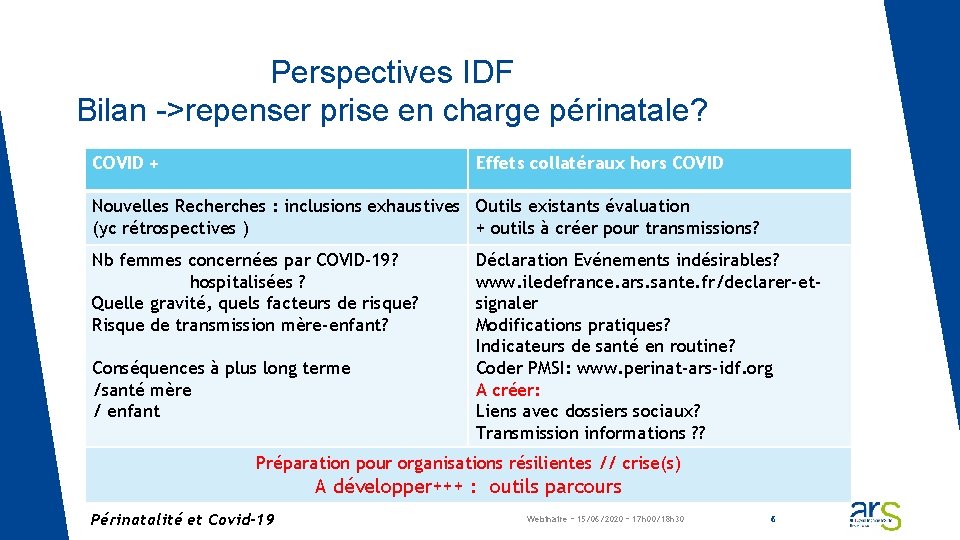 Perspectives IDF Bilan ->repenser prise en charge périnatale? COVID + Effets collatéraux hors COVID