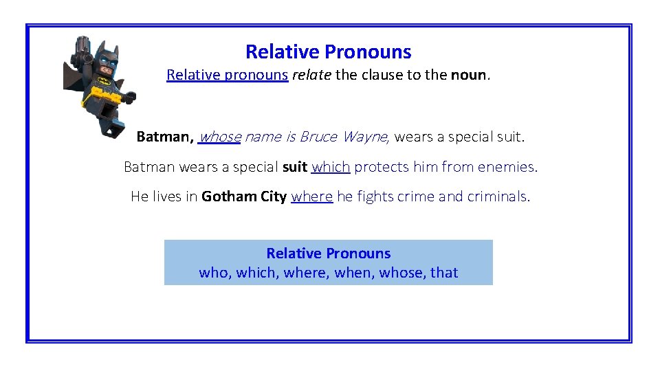 Relative Pronouns Relative pronouns relate the clause to the noun. Batman, whose name is